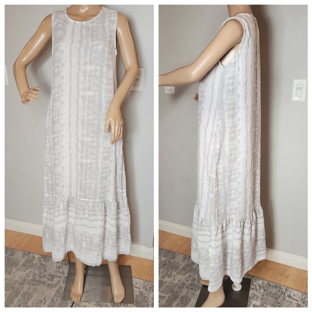Allegra Masetti Linen Sleeveless Dress Midi Maxi Grey White Tie Dye Size Medium